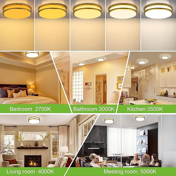 hykolity 10 inch Flush Mount LED Ceiling Light Fixture, 17W 1100lm, 2700K/3000K/3500K/4000K/5000K Adjustable Ceiling Lights, Gold Saturn Dimmable Lighting for Hallway Bathroom - 2 Pack