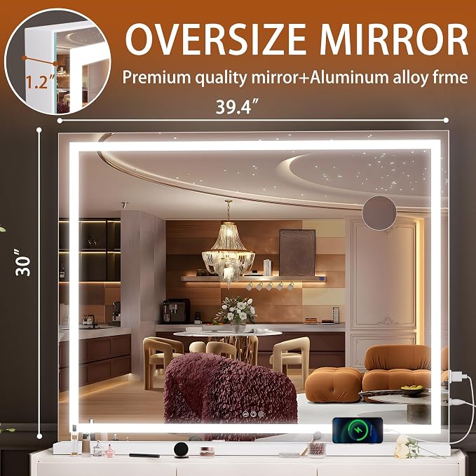 Hasipu Vanity Mirror with Lights, 39.4" x 28.7" LED Makeup Mirror, Lighted Makeup Mirror with Dimmable 3 Modes