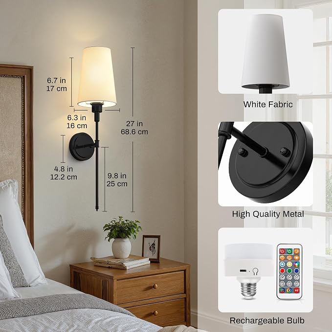 Battery Operated Wall Sconce: Set of 2 Wireless Wall Light 12000mAh | 15 Color Rechargeable Wall Sconces, Sconce Wall Decor Set of 2 for Bedroom, Living Room, Black, 27in