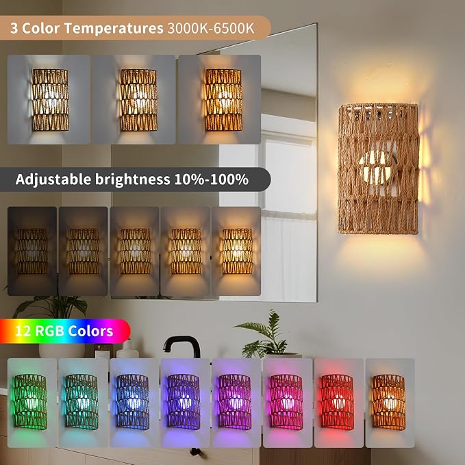 Battery Powered Wall Sconce, Rattan Rechargeable Wall lamp, Bohemian Wall Sconces with Remote Control RGB Dimmable, Wireless Wall Sconce Set of 2 for Bedroom, Hallway, Living Room