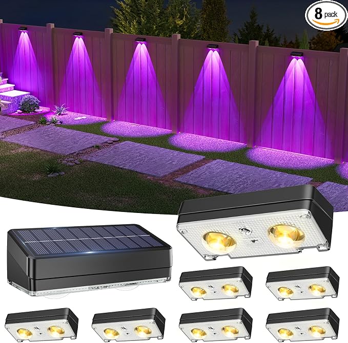 VOLISUN Solar Fence Lights Outdoor 8 Pack, 50Lumen RGB Color Changing | 2 LED Downlight, IP65 Waterproof, 10 Colors ＆ 12 Modes, Fence Lights Solar Powered for Backyard, Deck, Patio, Railing