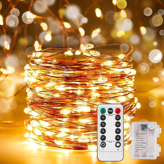 Ariceleo 1 Pack 16.4 Ft. Battery Operated Outdoor String Lights with Remote & Timer, LED Warm White Fairy Lights, Waterproof Twinkle Lights for Bedroom, Dorm, Mason Jar, Wedding, Party, Christmas