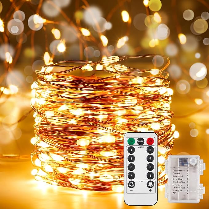 Ariceleo 2 Pack 16.4 Ft. Battery Operated Outdoor String Lights with Remote & Timer, LED Warm White Fairy Lights, Waterproof Twinkle Lights for Bedroom, Dorm, Mason Jar, Wedding, Party, Christmas
