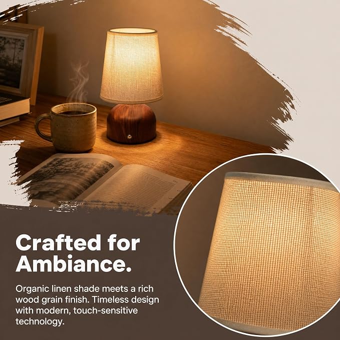 Small Cordless Table Lamp with Fabric Shade, 3 Color Temperature Stepless Dimming Rechargeable Battery Operated Nightstand Lamp, Wood Grain Bedside Lamp for Bedroom Living Room Home Decor