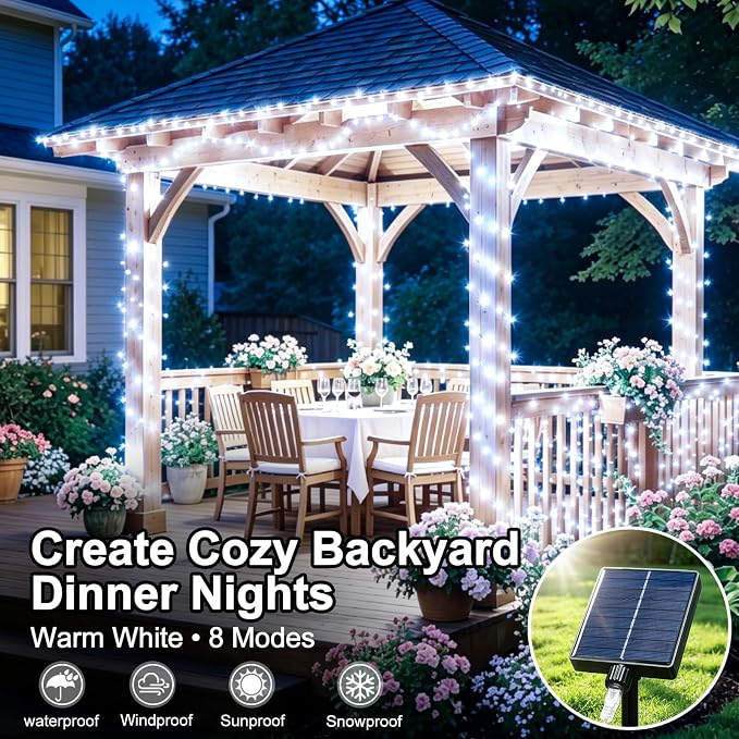 KNONEW 203FT 600 LED Solar String Lights Outdoor, Extra Long Solar Fairy Lights with 8 Modes, IP44 Waterproof Copper Wire Lights for Garden Patio Yard Christmas Decor, Cool White