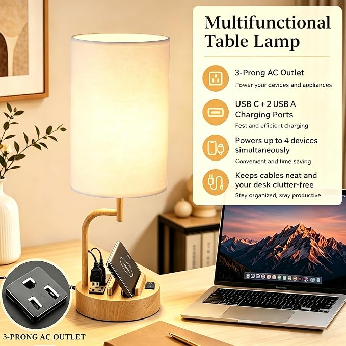Dreamholder 2 Pack Table Lamp, Bedside Lamp with 3 USB Charging Ports & AC Outlet, USB Desk Lamp with 2 Phone Holders, Linen Fabric Shade Nightstand Lamps for Bedroom Living Room Office, Woodgrain
