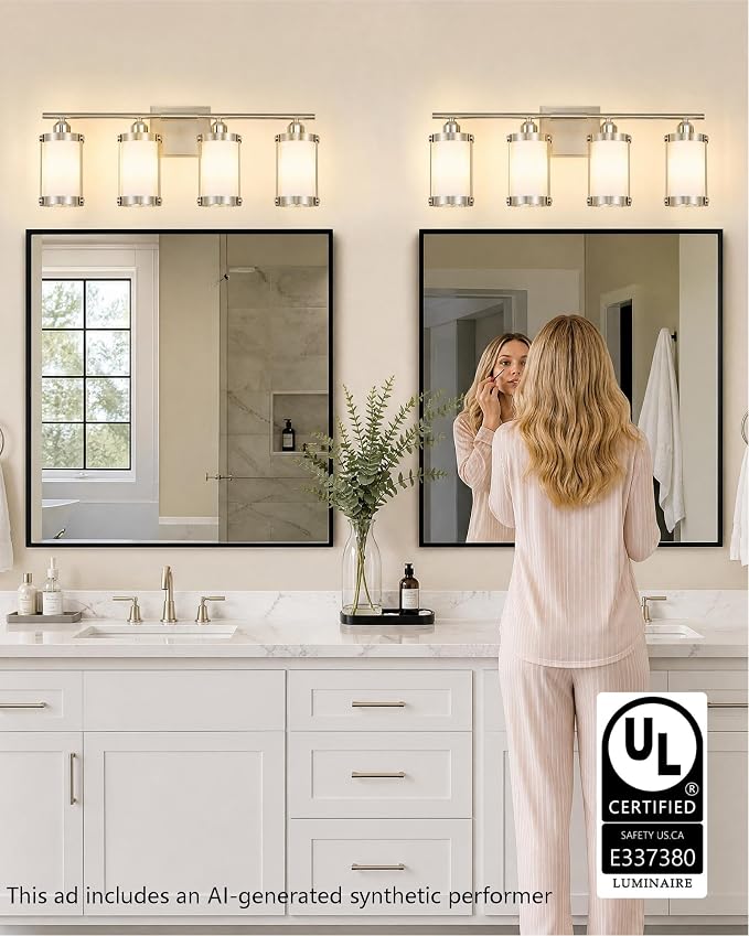 4-Light Brushed Nickel Bathroom Light Fixtures with Milk White Frosted Glass, 29" UL-Listed Modern Wall Sconce Over Mirror with Metal Cage for Bath, Hardwire E26, OS-3014BNW-4W