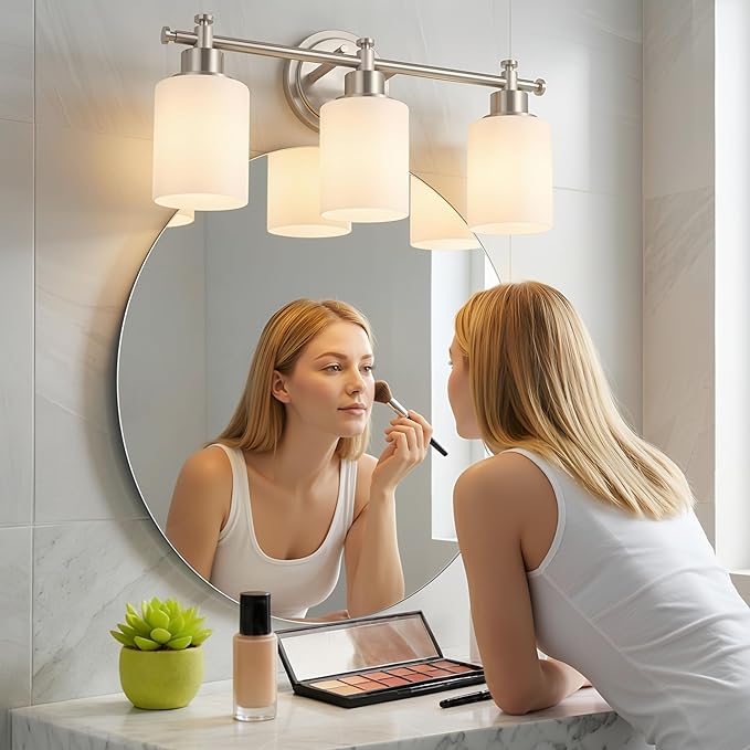 3-Light Bathroom Vanity Light Fixtures, Brushed Nickel Bathroom Wall Sconce, Modern Sliver Vanity Light with Milky White Glass Shade Over Mirror, Bathroom, Bedroom, E26 Base, 17 Inch