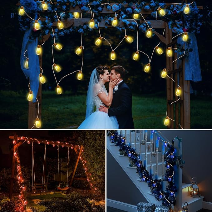 Colors Changing Solar String Lights Outdoor, 20Ft Rope Hemp Patio Lights | 16 Waterproof Shatterproof Bulbs Color Change Solar Light for Garden Yard Fence Proch Wedding Party - Warm White & RGB