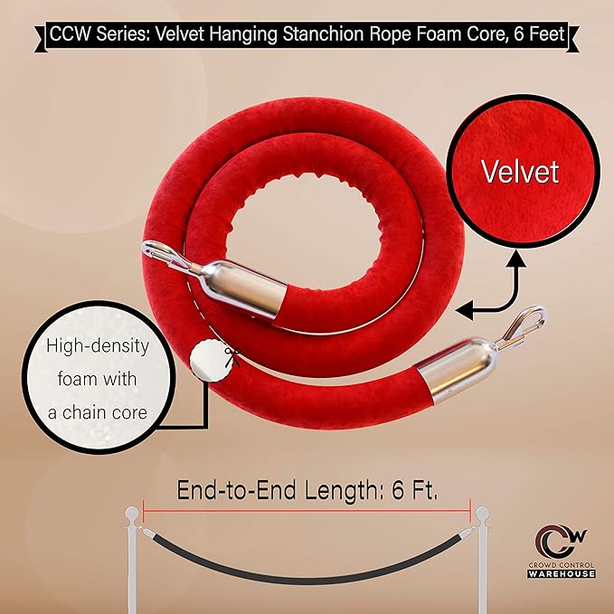 Montour Line Velvet Hanging Stanchion Rope Foam Core, 6 Foot Red Rope with Polished Stainless Steel Snap Ends