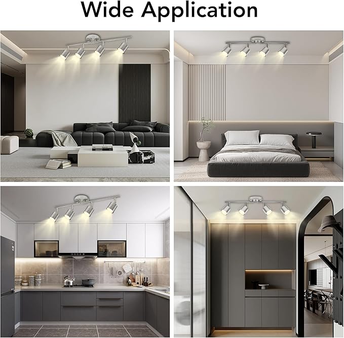 4-Light 26.25'' Track Lighting Kit - 270° Swivel & 90° Tilt Adjustable, Brushed Nickel Ceiling Spot Lights with 4 x 5W GU10 LED Bulbs, for Kitchen, Living Room, Gallery, Shop Display