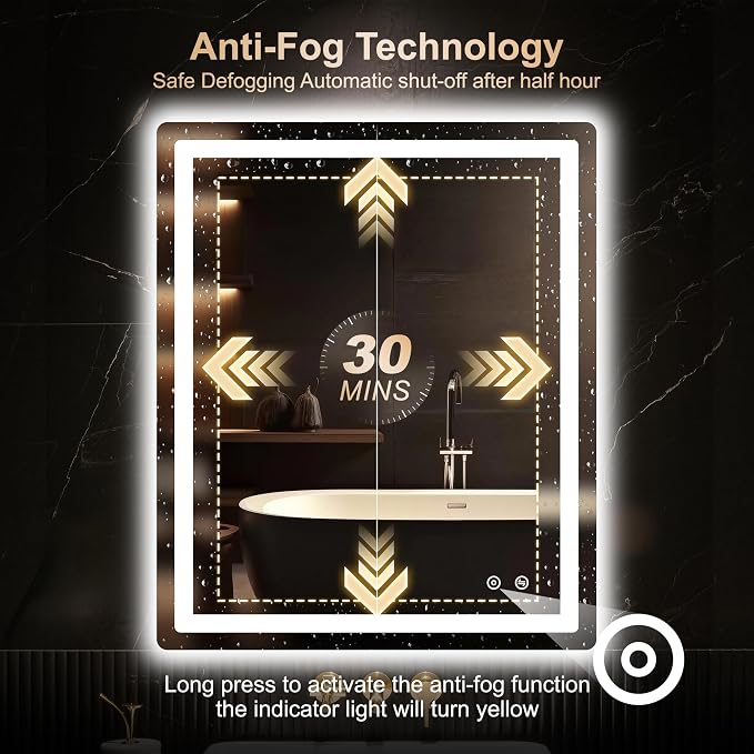 36x30 LED Bathroom Vanity Mirror with Lights, Anti-Fog, Dimmable | Front & Backlit with 3 Color Modes and Memory, 5mm Shatterproof Glass, Plug-in or Hardwired, Horizontal or Vertical