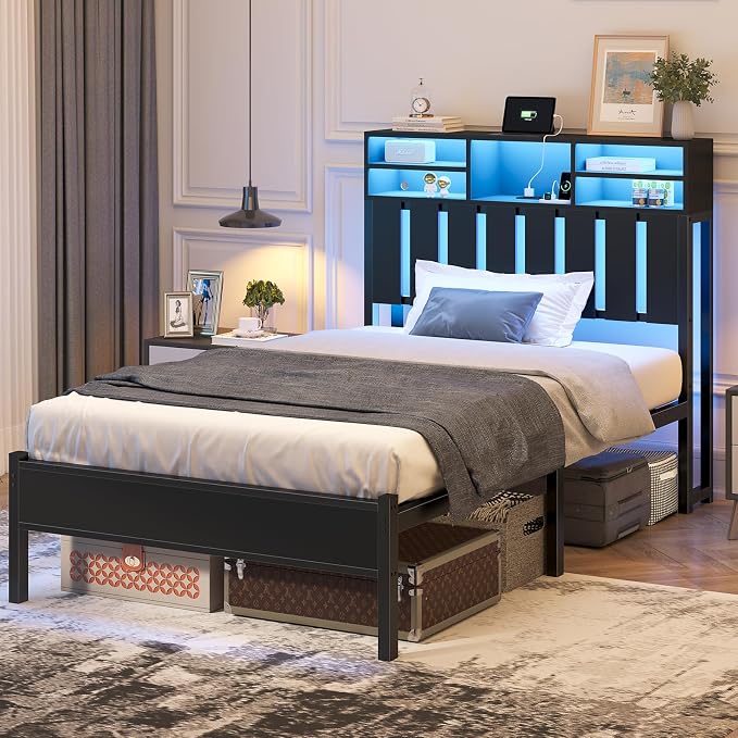 CSZZD Twin Size Bed Frame with Storage Headboard and LED Lights | Twin Bed with Charging Station & Storage Shelves, Black Metal Platform Bed with Under-Bed Storage, No Box Spring Needed