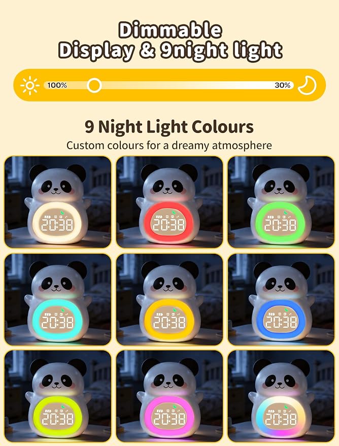 MASHI Panda Kids Alarm Clock with Time to Wake Sleep Trainer White Noise | Sun & moon wake cues, 7-color night light,Snooze， dual alarms and 6 soothing sounds help kids build healthy sleep habits.
