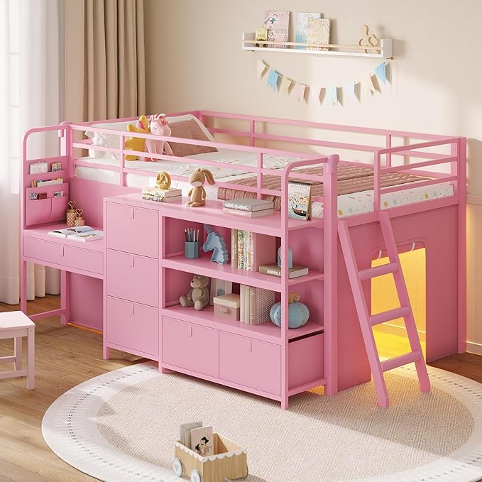 DICTAC Low Loft Bed with Desk and 6 Storage Drawers Twin Loft Bed with Bookshelf,LED Lights & Under-Bed Play Space,Twin Beds for Girls with 13.8''H Safety Guardrail,Inclined Ladder & Play Curtain,Pink