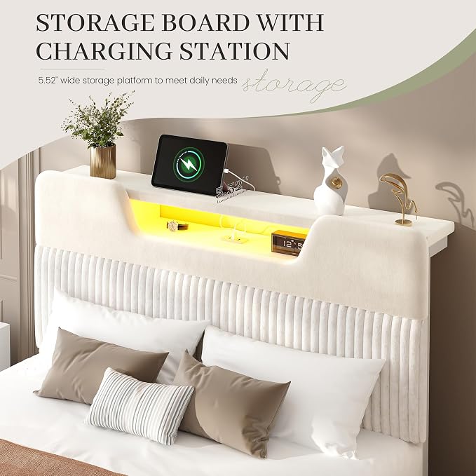 Homkdom Full Bed Frame with Charging Station & Storage Headboard,White | 1USB-C & 2USB-A Charging, RGB LED Lights,7.78" Under-bed Storage,Velvet Upholstered Headboard,No Box Spring,Easy Assembly.