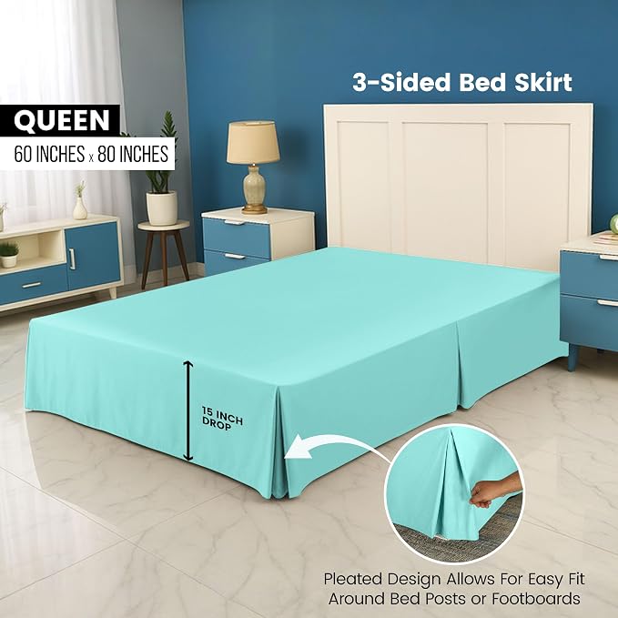 Queen Bed Skirt, Hides Under-Bed Storage 16 Inch Drop, Pleated, Spa Blue | Easy Fit Design, Shrinkage & Fade Resistant, Hotel Style, Microfiber Durable Fabric, Machine Washable