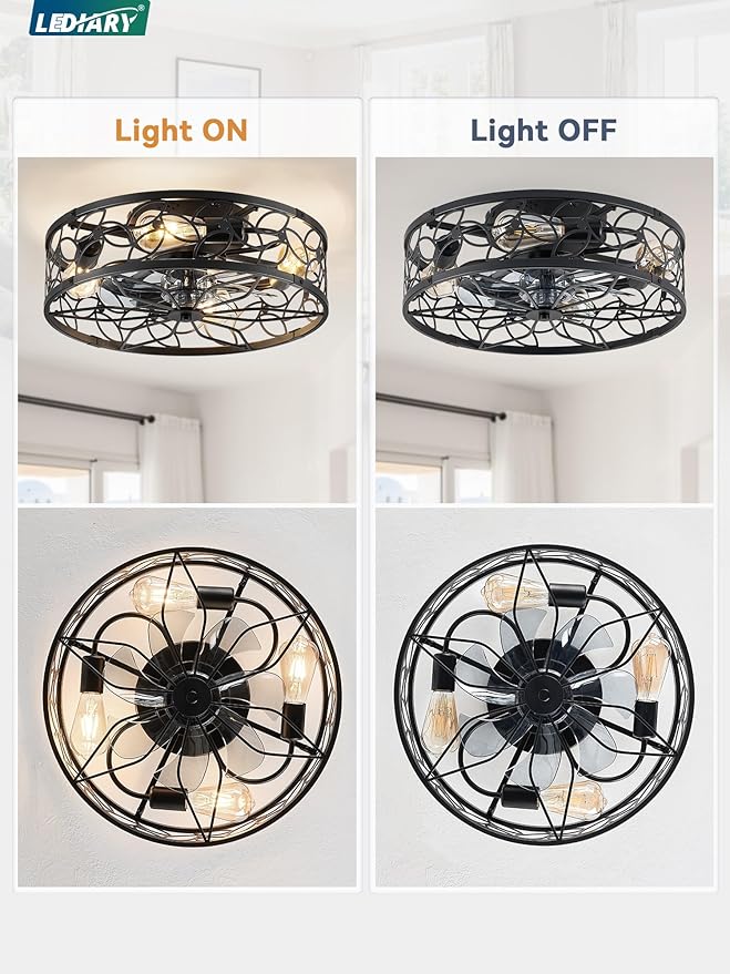 LEDIARY Caged Ceiling Fan with Light, Flush Mount Fandalier with Remote | Low Profile, Farmhouse Small, Bladeless Industrial, Quiet DC Motor, App Control for Bedroom, Kitchen, Dining Room, Black