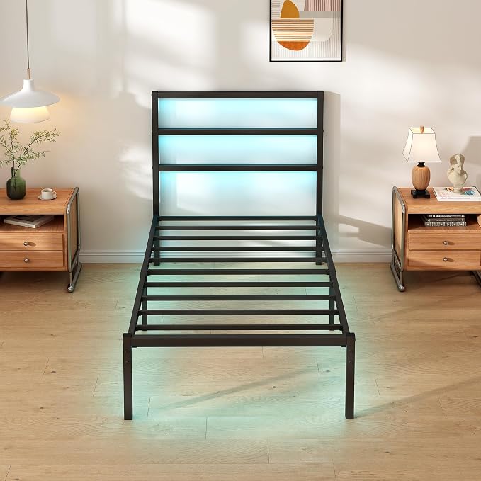 CLIBFENG Twin Bed Frame with Headboard,Heavy Duty Steel Slats Support-LED Bed Frame with USB Charging Station,Mattress Foundation-Under Bed Storage,No Box Spring Needed,Noise Free，Black