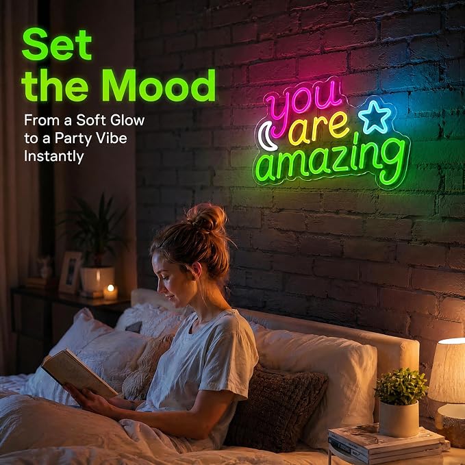 You Are Amazing Neon Sign - Pink/Yellow/Green Moon & Stars Wall Decor | 15.7"x9.8" Bedroom Light with Dimmer, 6.5ftUSB Powered, Hanging Chian Included