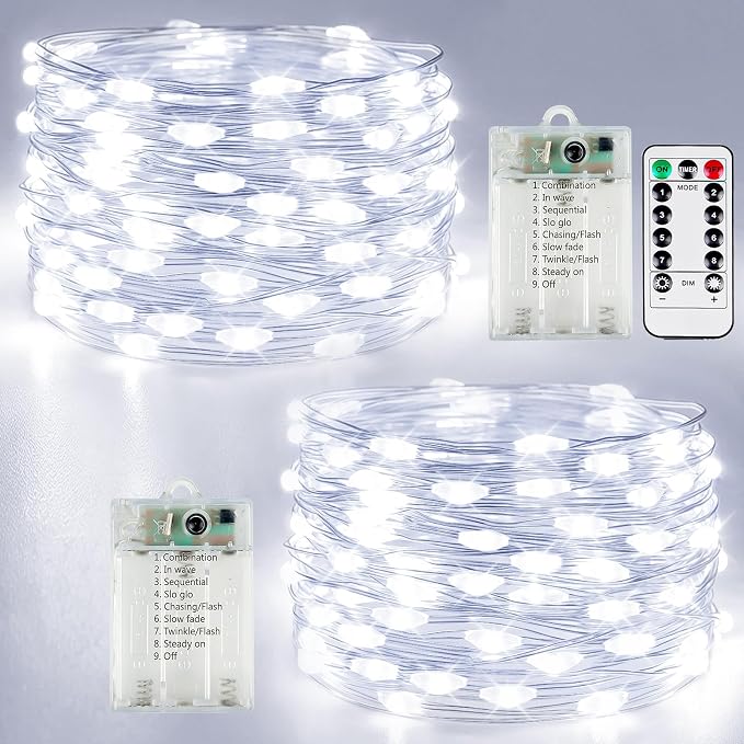 2 PK Each 80 LED 26FT Fairy Lights Battery Operated Remote Timer Cool White | 8 Modes, Bendable & Waterproof Wire, Twinkle String Light for Indoor Outdoor Christmas Tree Centerpieces Garland DIY Decor