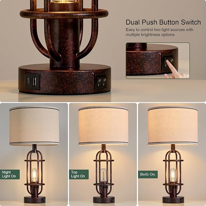 Reaketon 22.3" Table Lamps for Living Room Set of 2, Farmhouse Lamps for Nightstand, Vintage Table Lamps for Bedroom with USB Ports, Bulbs Included