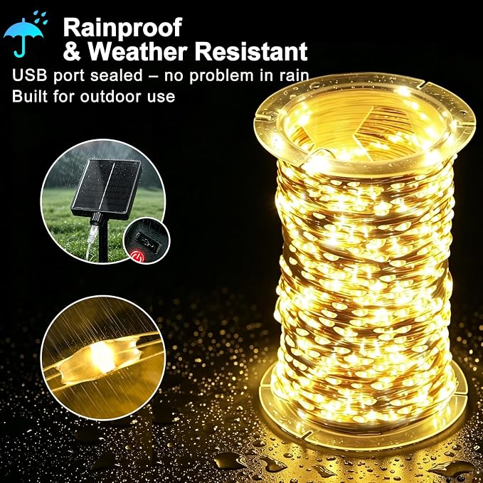 KNONEW 203FT 600 LED Solar String Lights Outdoor, Extra Long Solar Fairy Lights with 8 Modes, IP44 Waterproof Copper Wire Lights for Garden Patio Yard Christmas Decor, Warm White