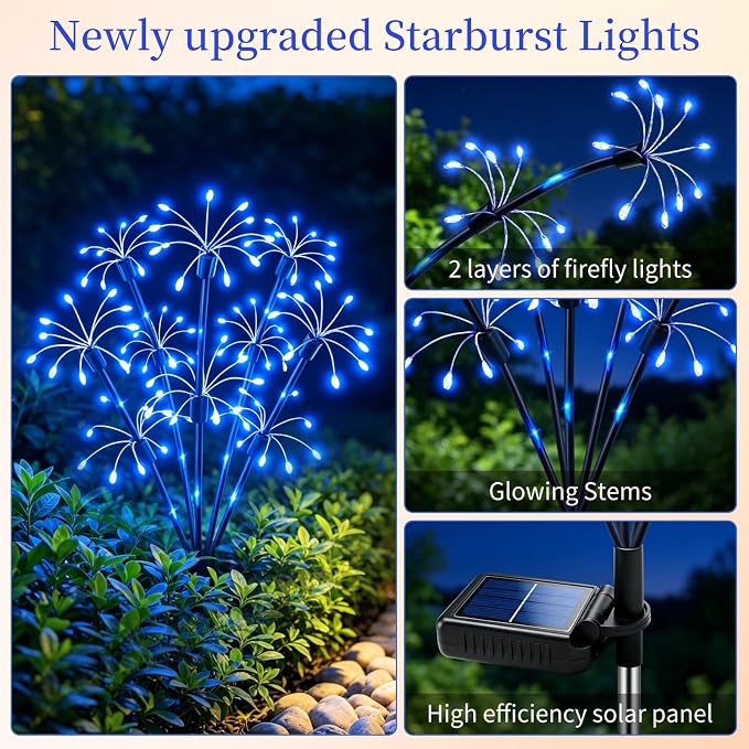 Solar Garden Lights Outdoor, 8 Pack 2-Layer Blue Fairy Firework Lights | Waterproof Starburst Flower Light, Garden Decor for Yard Patio Pathway Lawn, Unique Gifts for Women Mom Grandma Christmas