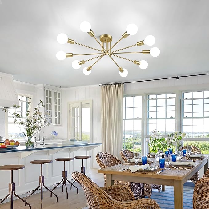 Flush Mount Ceiling Light Fixture, 10-Light Modern Gold Sputnik Chandelier | Industrial Ceiling Lamp for Kitchen Dining Room Living Room Bedroom Foyer