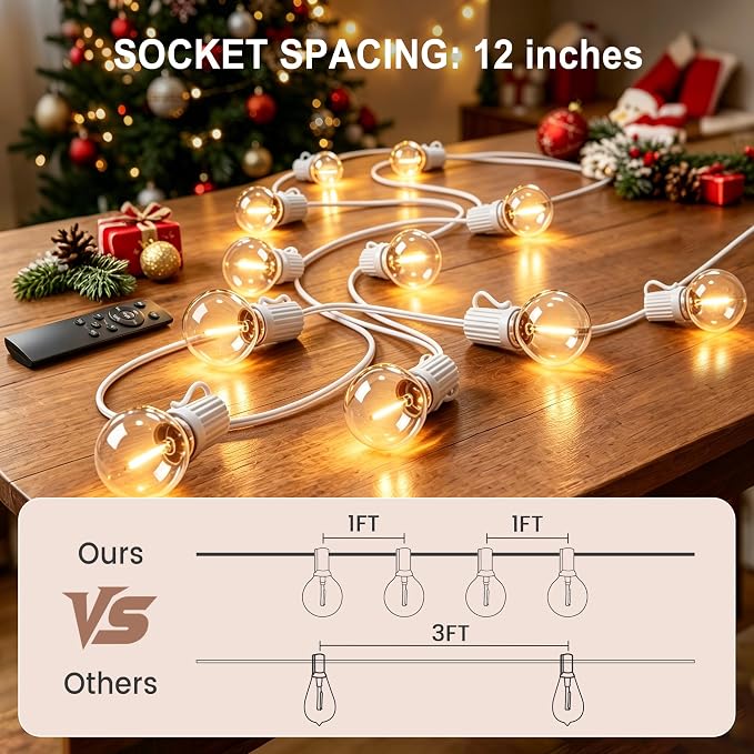 Outdoor-String-Lights with Remote 75FT Waterproof lights for Outside Patio | 1FT Bulbs Spacing,White Cord String Lights, Connectable Dimmable Patio Lights with Remote,Timer, 3 Modes for Backyard, Bistro