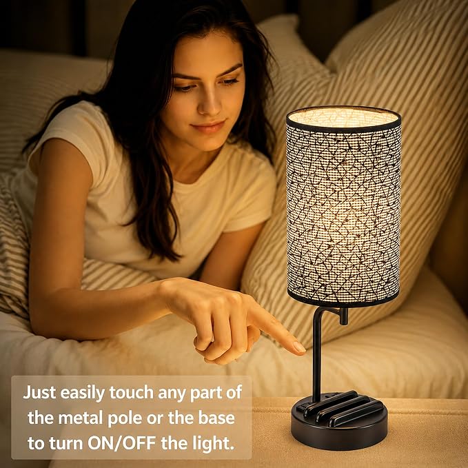 Dreamholder Touch Control USB Table Lamp with USB C/A & AC Outlet, 3-Way Dimmable Bedside Lamp, Modern Nightstand Lamps for Bedroom Living Room Guest Room Office, Bulb Included, Miracle Black