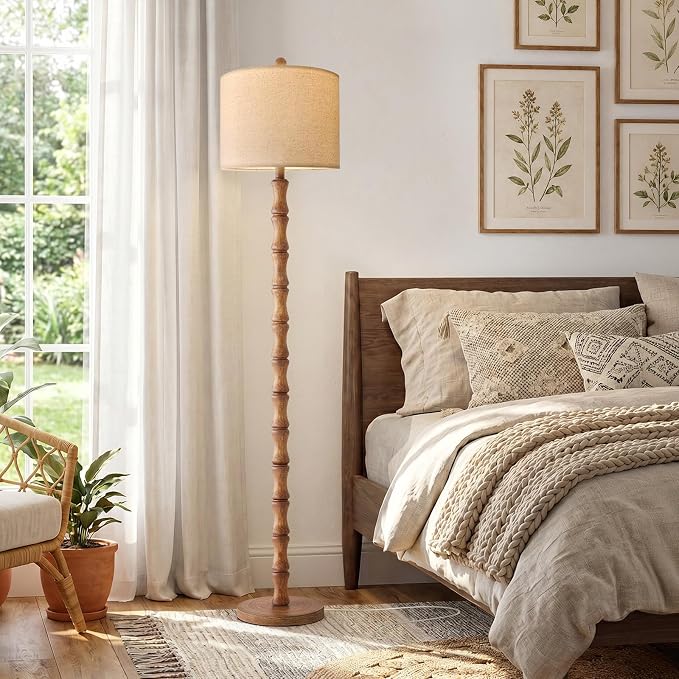 62" Farmhouse Floor Lamp for Living Room, Rustic Standing Lamp with Linen Shade and Rotary Switch, Resin Corner Floor Lamp for Bedroom, Dining Room, Office, Home Decor, Wood Grain