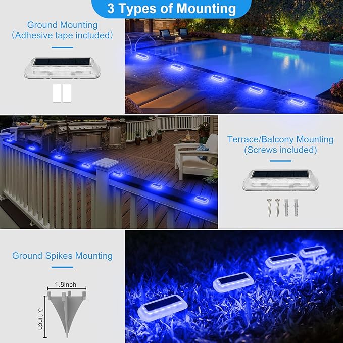 T-SUN Solar Deck Lights Outdoor Waterproof, Deck Lights Solar Powered, Driveway Marker Light for Fence Front Door, Step, Stair, Garden, Sidewalk, Pathway, Dock Porch, Backyard (Blue, 12 Packs)