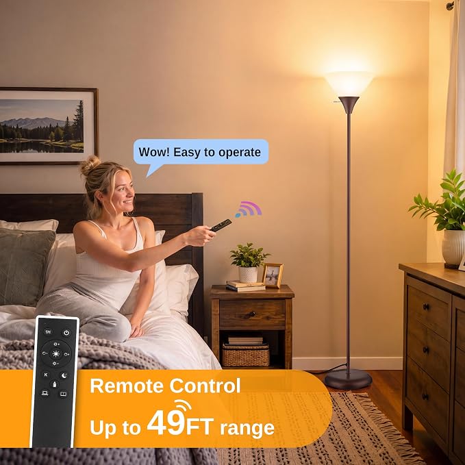 Coucrek Floor Lamp for Living Room, Torchiere Standing Light | Remote Control Stepless Dimmable Brightness & Color Temperature, 9W LED Bulb Included, Tall Lamp for Bedroom, Office, Dorm