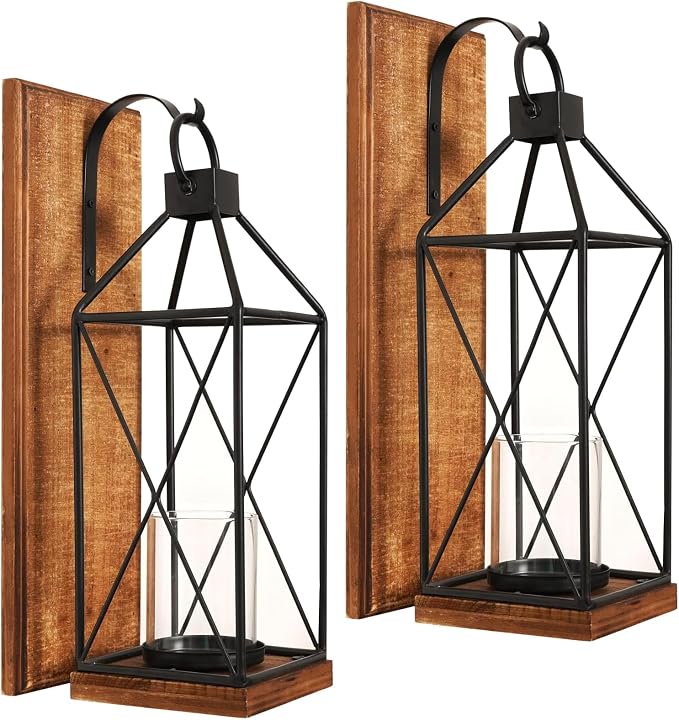 Homemory Wall Candle Sconces Set of 2, Rustic Wood Holders with Glass Decor | Dark Brown Wood and Glass Design Adds Rustic Farmhouse Style for Living Rooms, Bedrooms, Fireplaces and Wall Decor