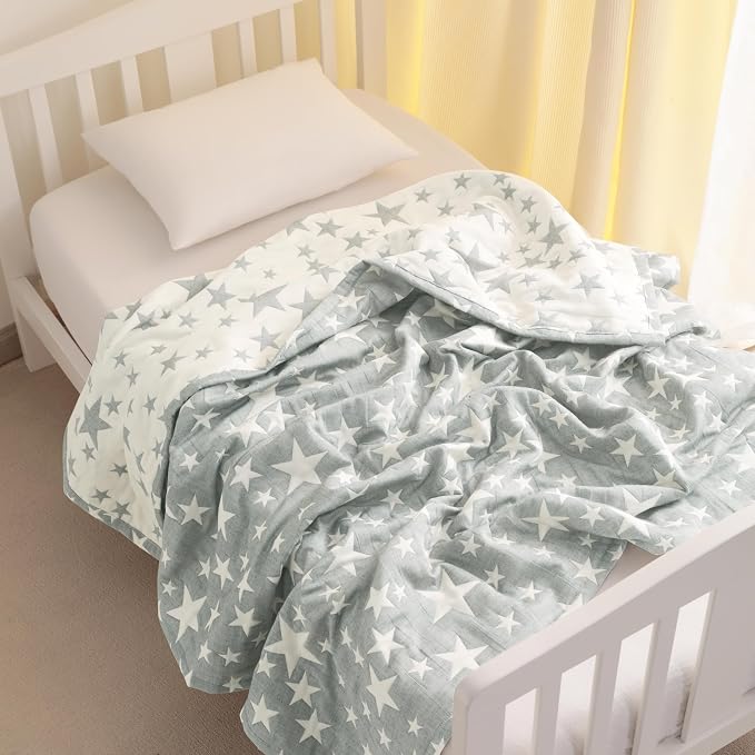 NTBAY 3 Layer Oversized Muslin Toddler Blanket, 45 x 60, Grey/White Star | Muslin Cotton Outer Layers with Light Thermal Fiber Fill, Reversible Blanket for Daycare, Travel, Naps, and Supervised Use