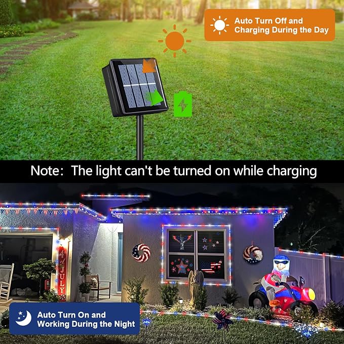 QITONG Red White Blue Solar Rope Lights, 66ft 200 LED 4th of July String Lights, 8 Modes Fairy Lights in Clear Thin Tube for Patriotic Independence Memorial Day Decor