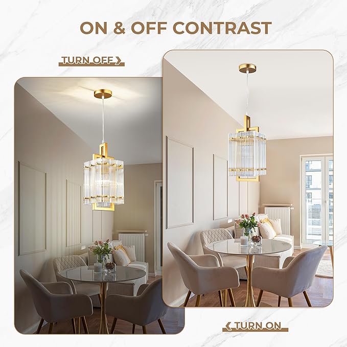 IKK Gold Pendant Light for Kitchen Island, Luxury Ribbed Glass Chandelier Lights Fixture, Modern Elegant Adjustable Pendant Lighting for Dining Room Bedroom, E26 Bulb, L6.5'' x H14''