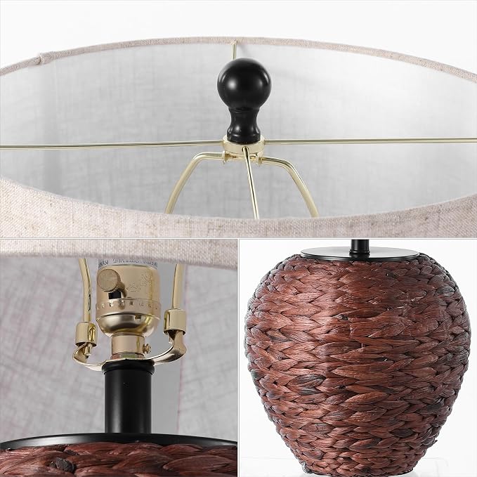 JONATHAN Y Alaro Table Lamp Woven Water Hyacinth Basket 24.5", Dark Brown | Farmhouse Coastal Decor, Beige Linen Drum Shade, Metal Frame, LED Bulb Included, Rotary Switch, UL Listed