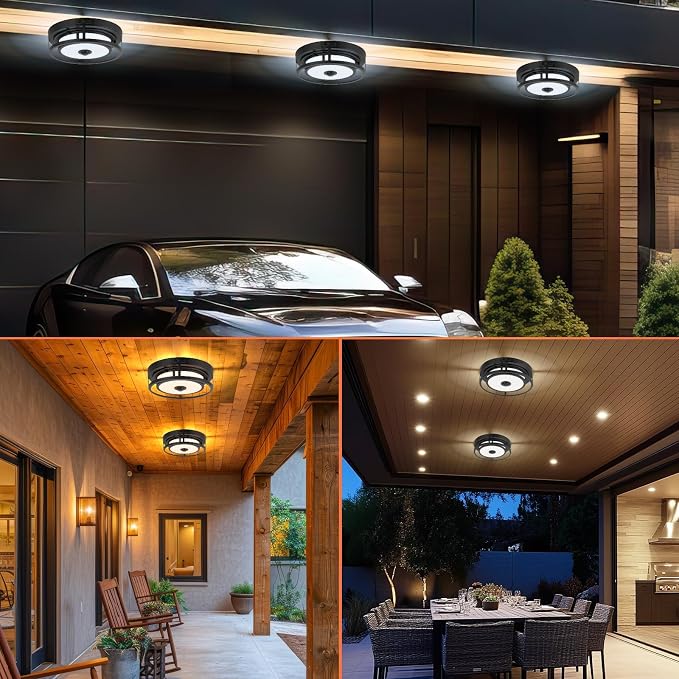 LED Motion Sensor Outdoor Ceiling Light Flush Mount Porch Ceiling Light | 12 Inch Black Ceiling Light Fixtures, Dusk to Dawn Outdoor Light Waterproof, 3CCT 3000K/4000K/5000K for Porch Garage Patio