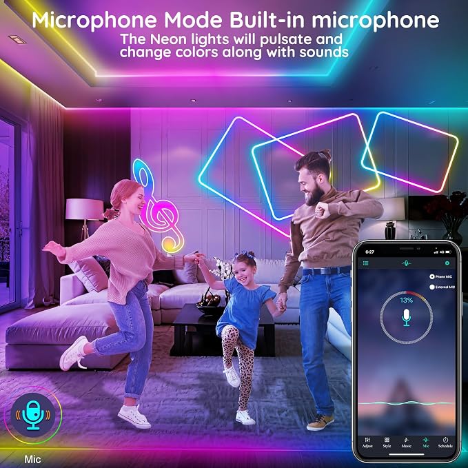 FBZ 60Ft Led Rope Lights, Flexible Neon Lights Control with App/Remote, Multiple Modes, IP65 Outdoor RGB Waterproof, Music Sync Gaming Light Strip for Bedroom Decor