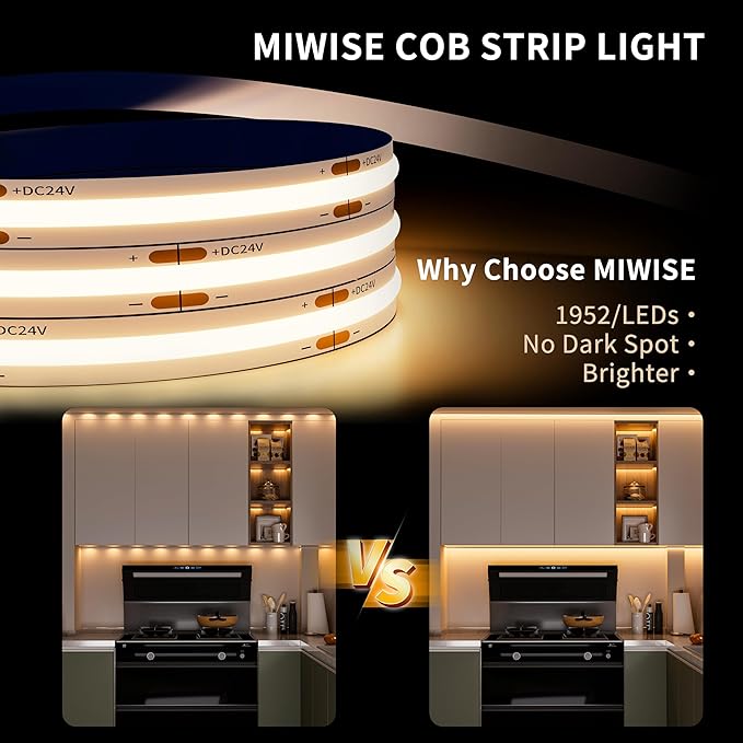 MIWISE COB LED Strip Light 20ft/6.1m,CRI 90+ Warm White 2700K High Lumen Dimmable Super Bright Flexible DC24V LED Tape Light with Controller/Dimmer,for Cabinet Home Office DIY Lighting Projects