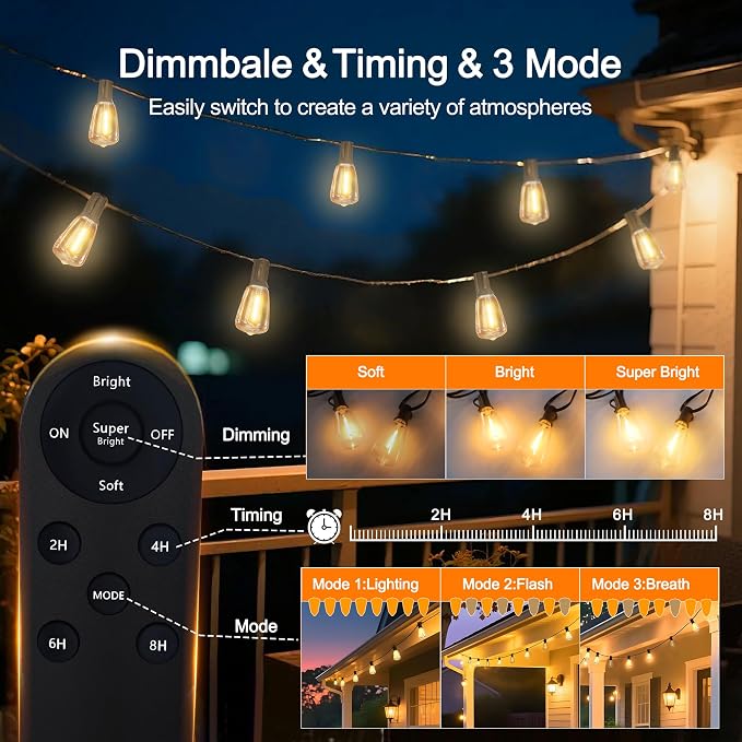 BLIATLUS 55FT Solar String Lights, Waterproof Outdoor Remote 15+2 Shatterproof ST38 LED for Patio Garden