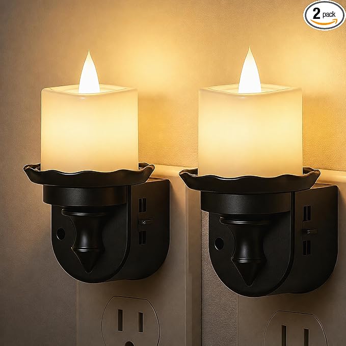 L LOHAS LED Flameless Candle Night Light, Flicker Night Lights Plug into Wall 2 Pack, Soft White Candle Nightlight with Light Sensor, Dimmable LED Flickering Nightlights for Kids Hallway Bathroom