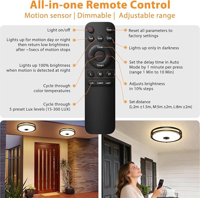 12" LED Motion Sensor Outdoor Ceiling Light with Remote, 24W | Dusk to Dawn, 2700K/3000K/3500K/4000K/5000K Dimmable, 4 Lighting Modes, 24W Flush Mount Ceiling Light for Entryway, Black