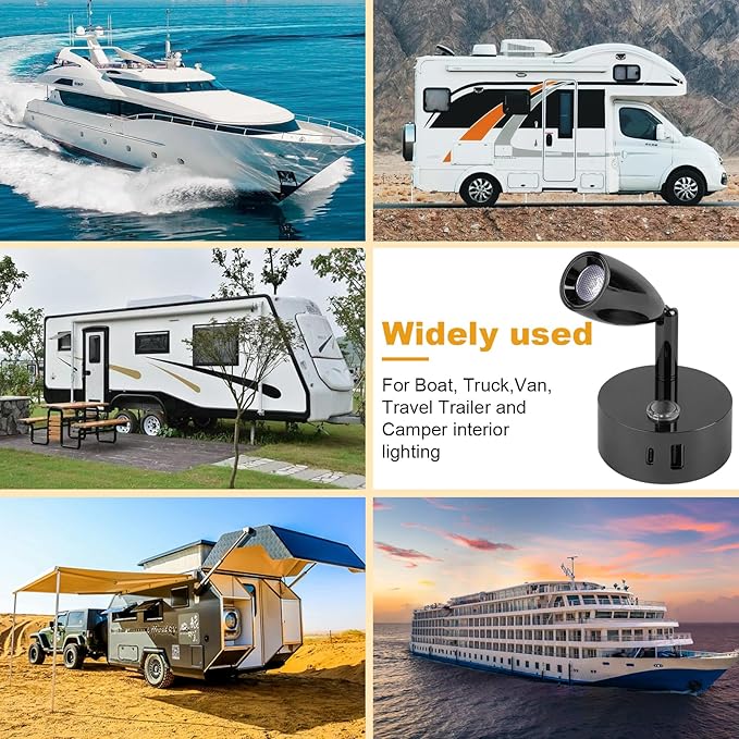 12V LED Reading Light with Dual Charging Ports, Touch Control Dimmable RV Light Interior 12 Volt Bedside Light Fixture for Camper Boat Van Trailer and Motorhome