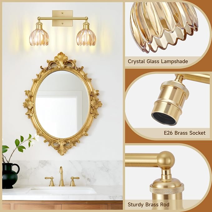 2 Light Bathroom Vanity Lights Over Mirror,Vintage Wall Sconce,Antique Brass Bathroom Light Fixtures,Tulip Sconces Wall Lighting with Amber Thick Glass Shade for Bedroom Living Room, E26 Base