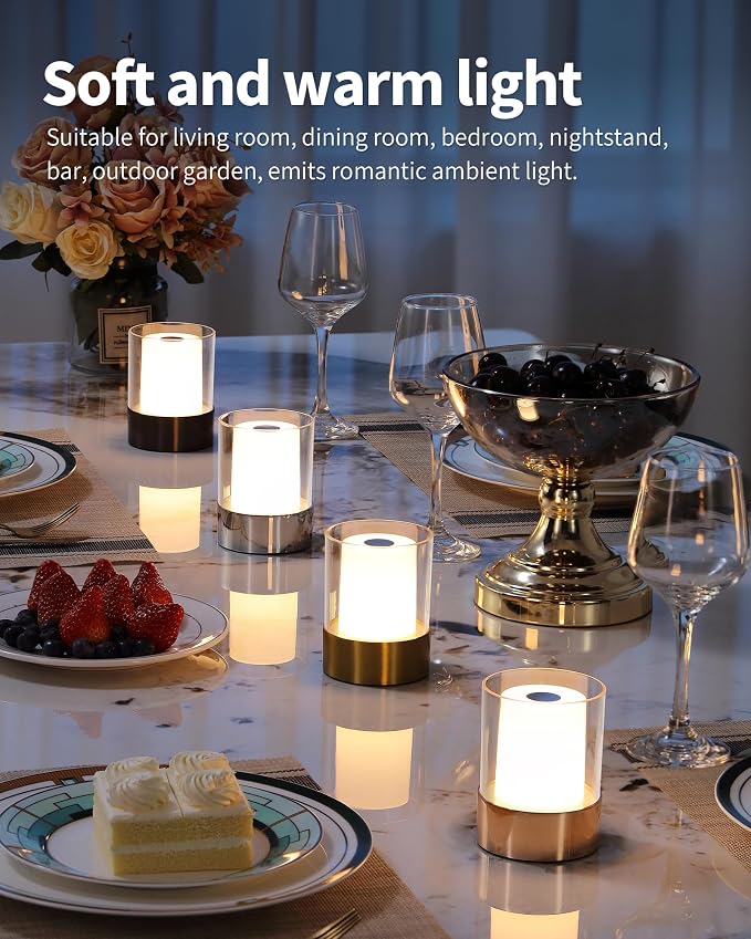 4" Black Cordless Table Lamp Set of 2, Outdoor Rechargeable Lamp | LED, Battery Operated, Portable, Touch Night Light for Dining Room, Camping, Bar, Party, Bedside, Bedroom, Home Decor, Gift