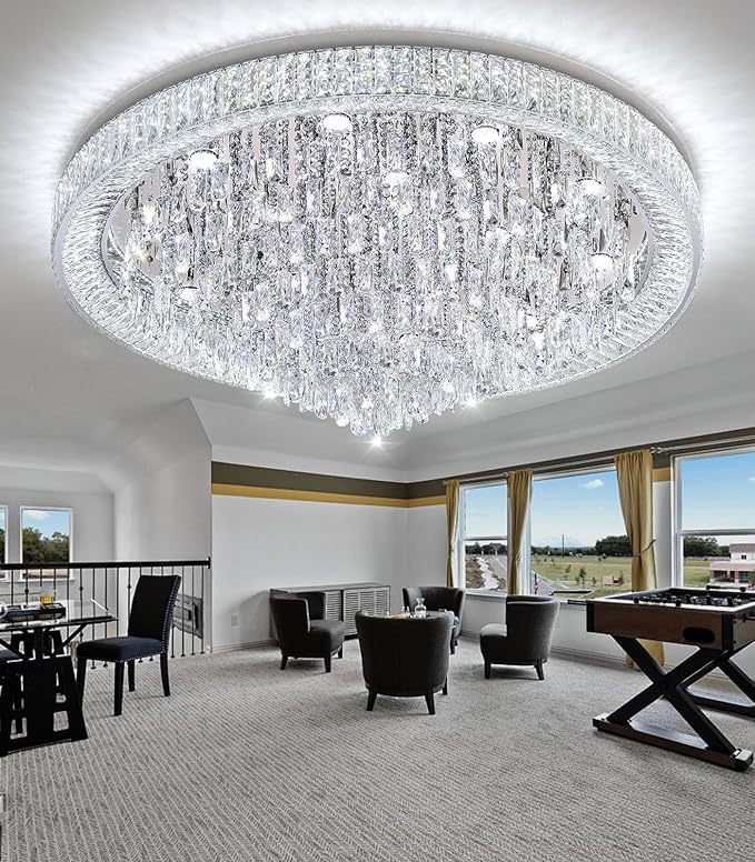 47" Modern Chandeliers LED Dimmable Crystal Flush Mount Ceiling Chandeliers for Living Room High Ceiling Entrance Foyer Lobby Bedroom Silver
