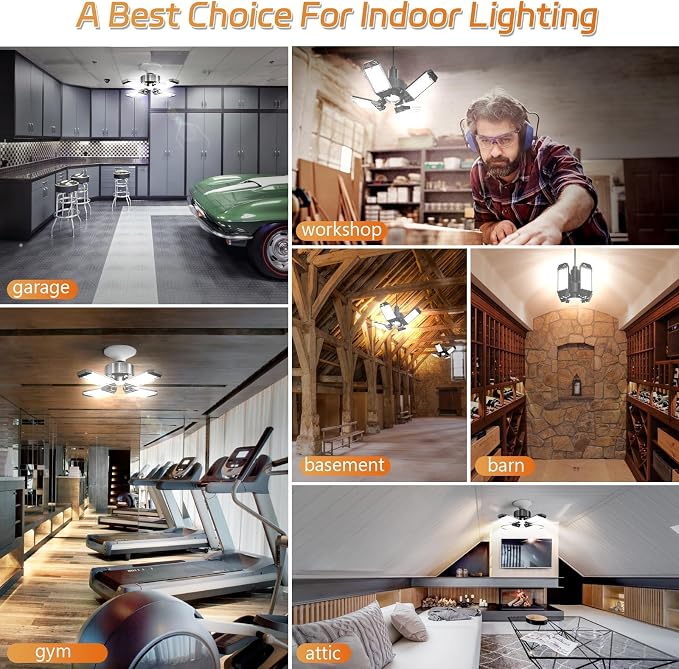 LED Garage Lights 4 Pack, 120W 12000LM Garage Lighting 6500K with 4+1 Deformable Panels, Screw Into E26 E27 Socket, Ceiling Lighting for Shop Workshop Basement Barn Attic Bay